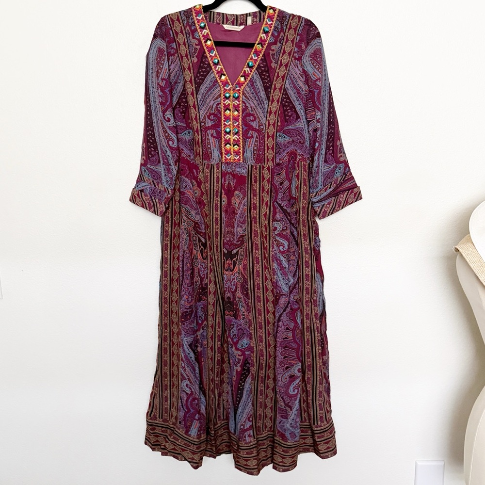 Soft Surroundings Mira Purple Paisley Embroidered Southwest Boho Maxi Dress - Picture 4 of 12